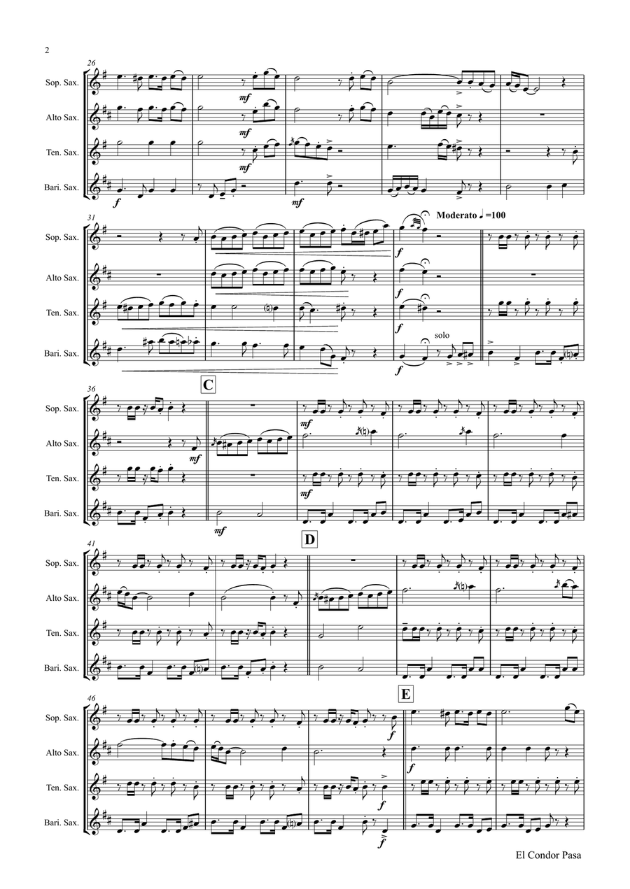 El Condor pasa - Peruvian Folk Song - Saxophone Quartet Saxophone Quartet scores gallery preview page 2