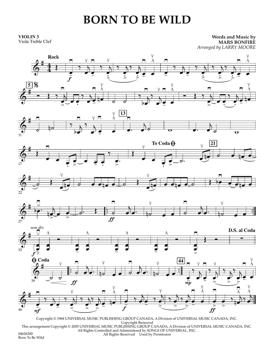 Born To Be Wild - Violin 3 (Viola Treble Clef) Orchestra scores gallery preview page 1