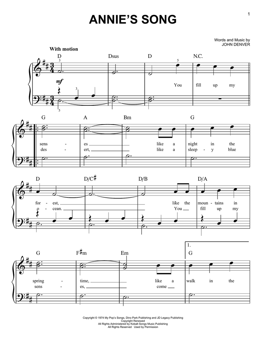 Annie's Song Easy Piano scores gallery preview page 1