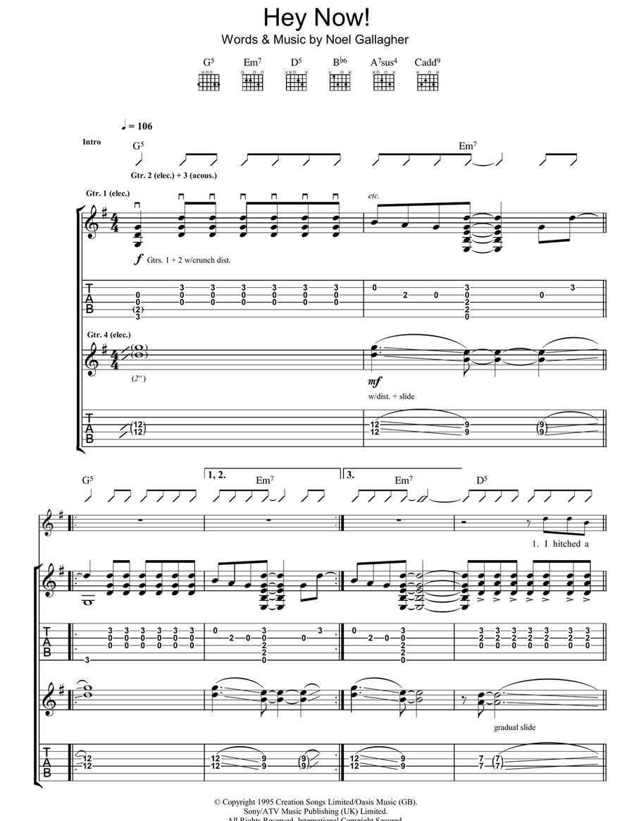 Hey Now Guitar Tablature scores gallery preview page 1
