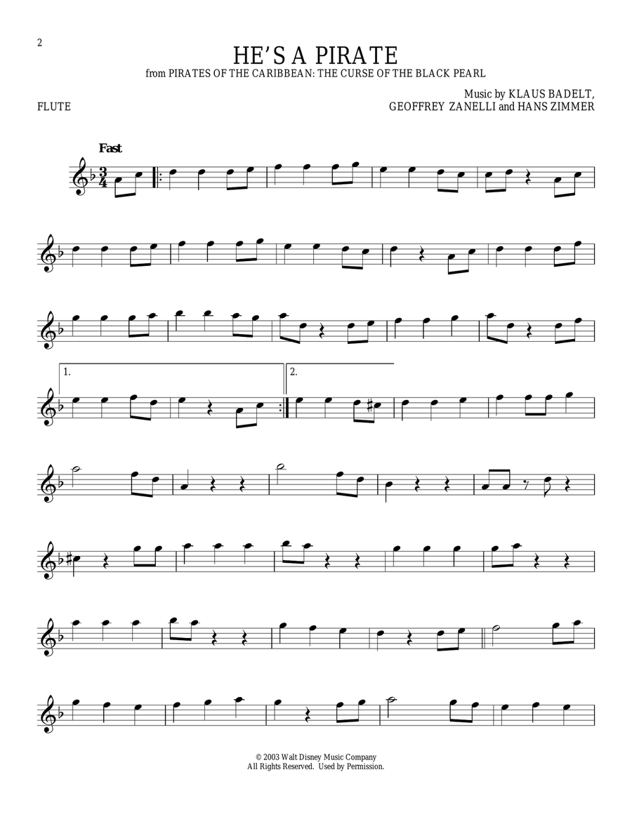 He's A Pirate (from Pirates Of The Caribbean: The Curse of the Black Pearl) Flute Solo scores gallery preview page 1