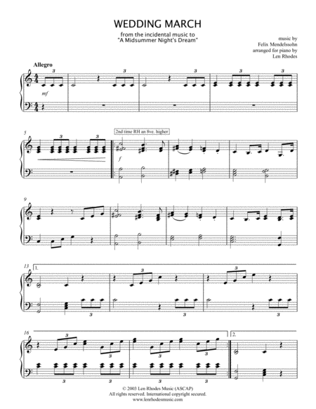 Mendelssohn - Wedding March, for piano solo