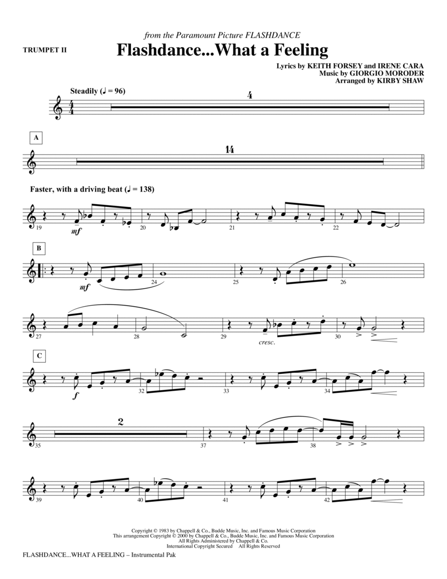 Flashdance...What A Feeling (from Flashdance) (arr. Kirby Shaw) - Trumpet 2 Choir scores gallery preview page 1