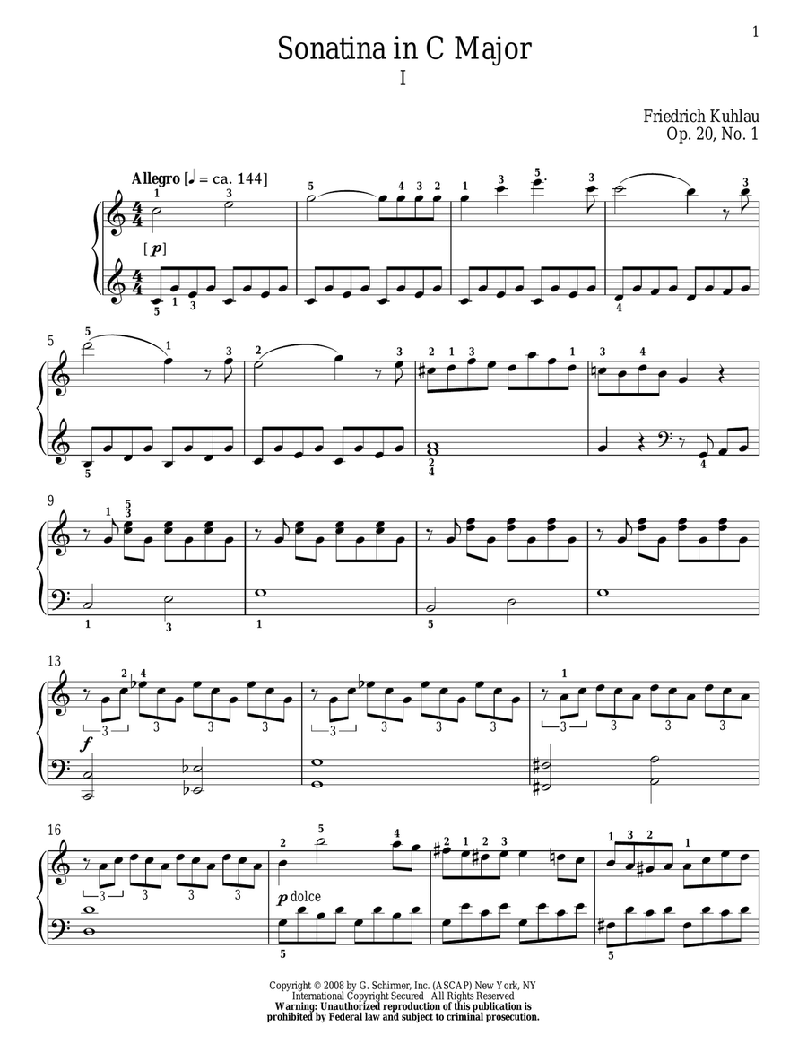 Sonatina In C Major, Op. 20, No. 1 Piano Solo scores gallery preview page 1