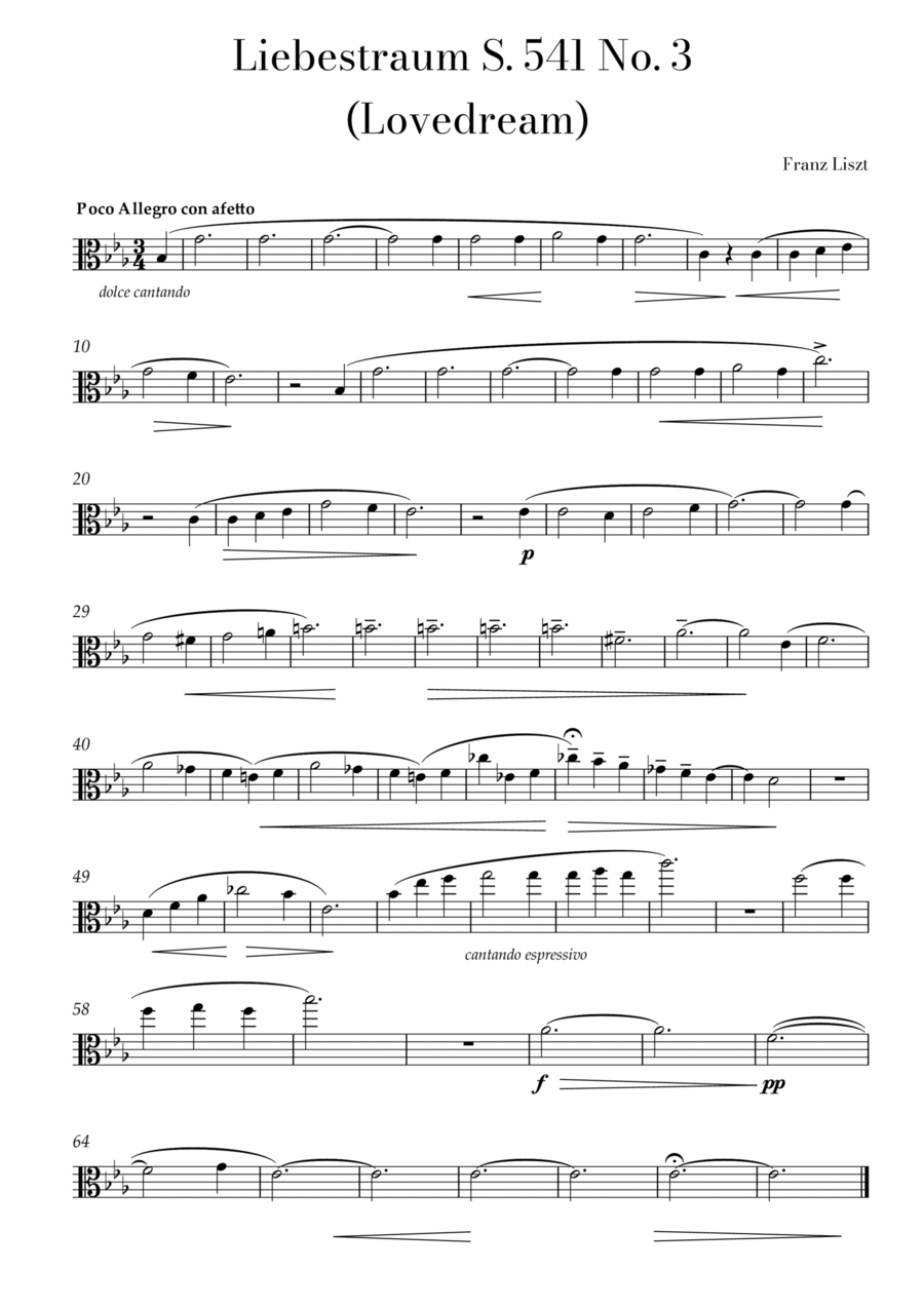 Liszt Liebestraum (Love Dream) Solo Viola in Eflat major Viola Solo Digital Sheet Music