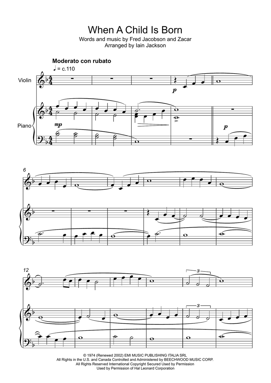 When A Child Is Born Violin Solo scores gallery preview page 1