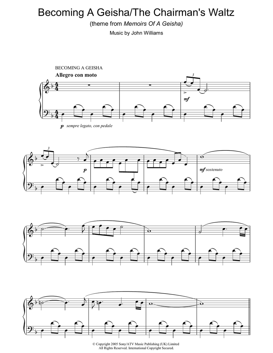 Becoming A Geisha/The Chairman's Waltz (theme from Memoirs Of A Geisha) Piano Solo scores gallery preview page 1