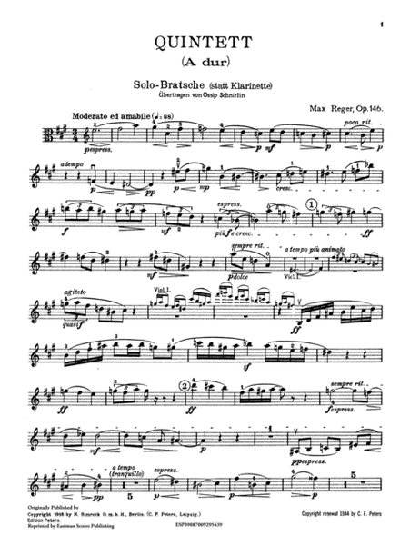 Quintett (A dur) fur Klarinette (oder Bratsche) zwei Violinen, Bratsche und Violoncell, op. 146