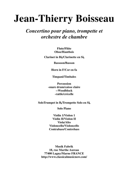 Jean-Thiuerry Boisseau Concertino for Piano, Trumpet in Bb and Orchestra, score only