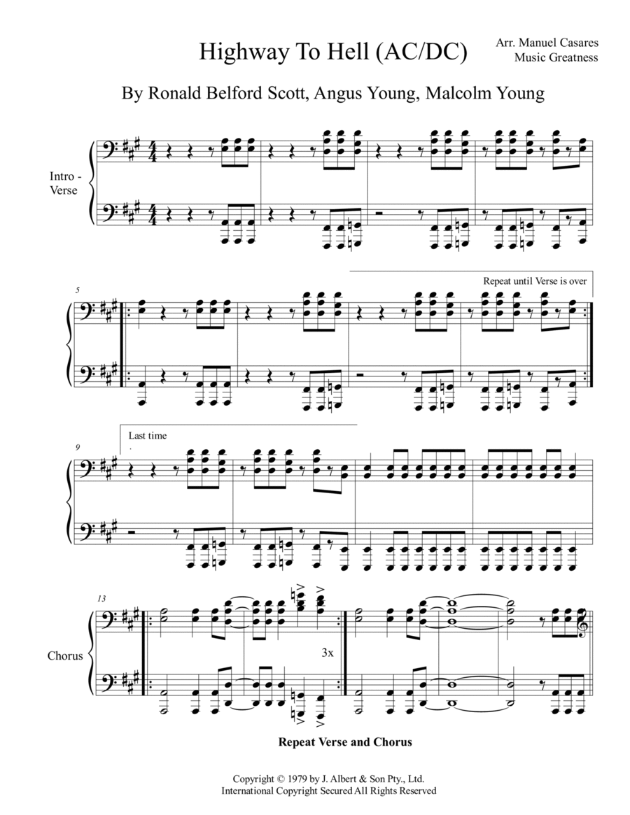 Highway To Hell Piano Solo scores gallery preview page 1