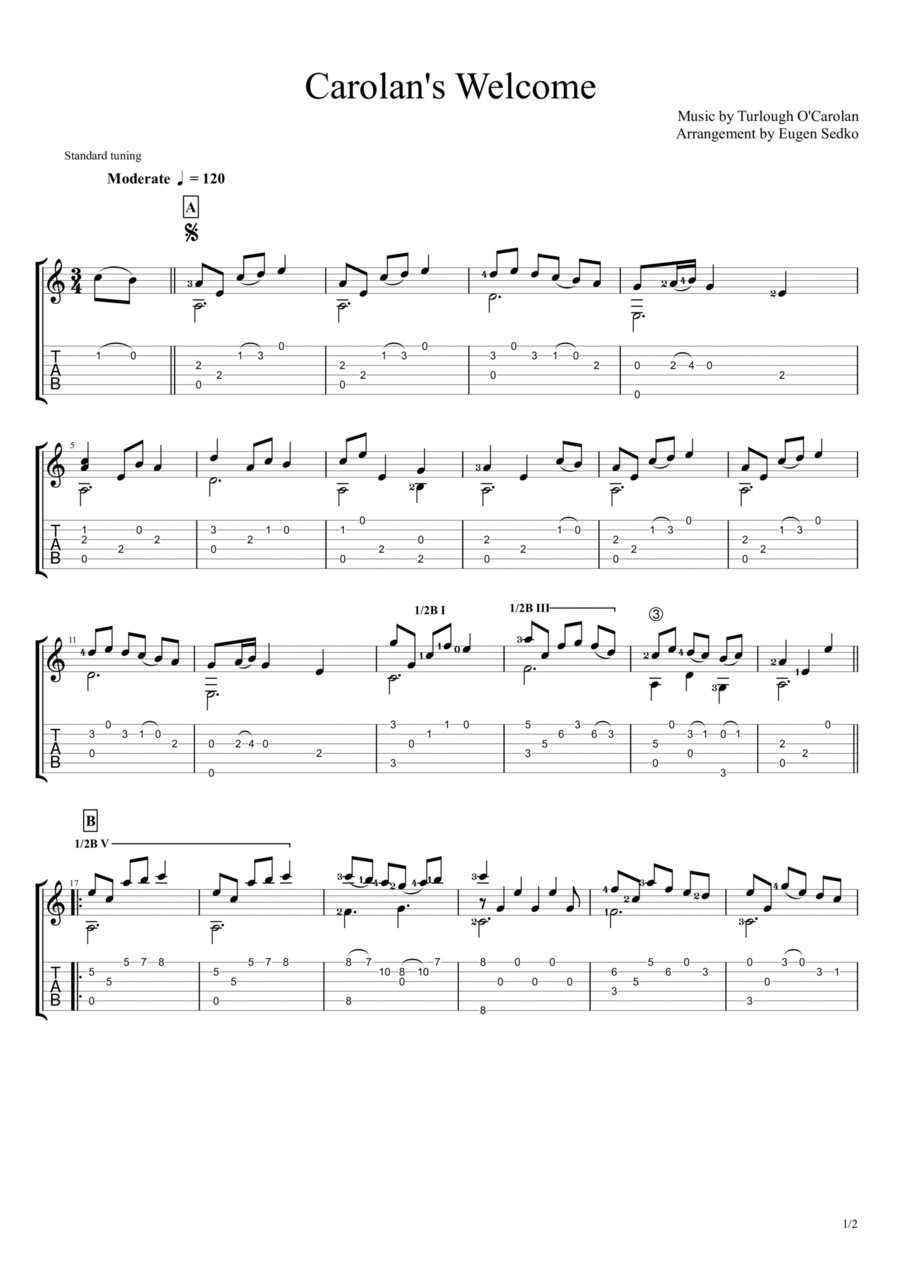 Carolan's Welcome (Irish theme) guitar arrangement, notes & tabs Acoustic Guitar scores gallery preview page 1