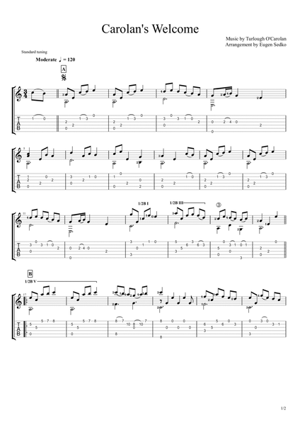 Carolan's Welcome (Irish theme) guitar arrangement, notes & tabs image number null