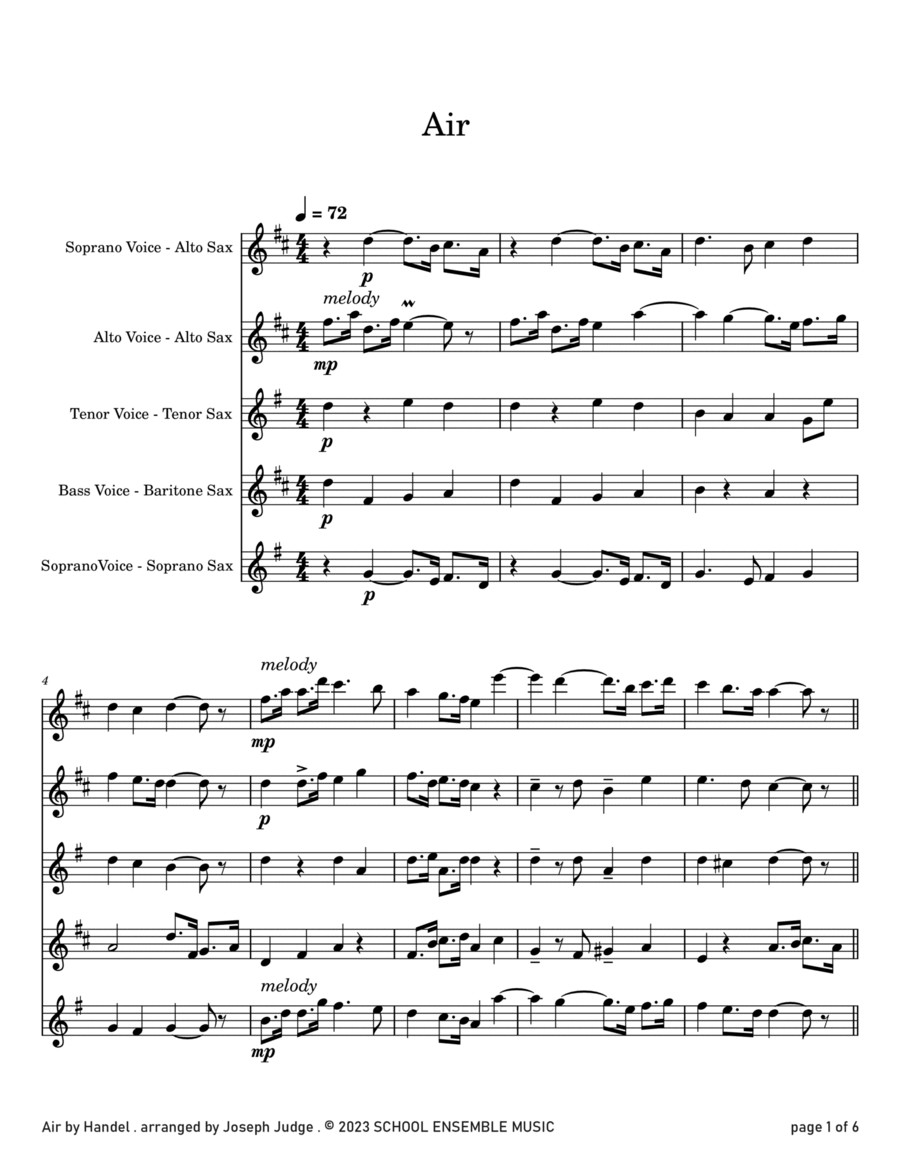 Air by Handel for Saxophone Quartet in Schools Saxophone Quartet scores gallery preview page 1