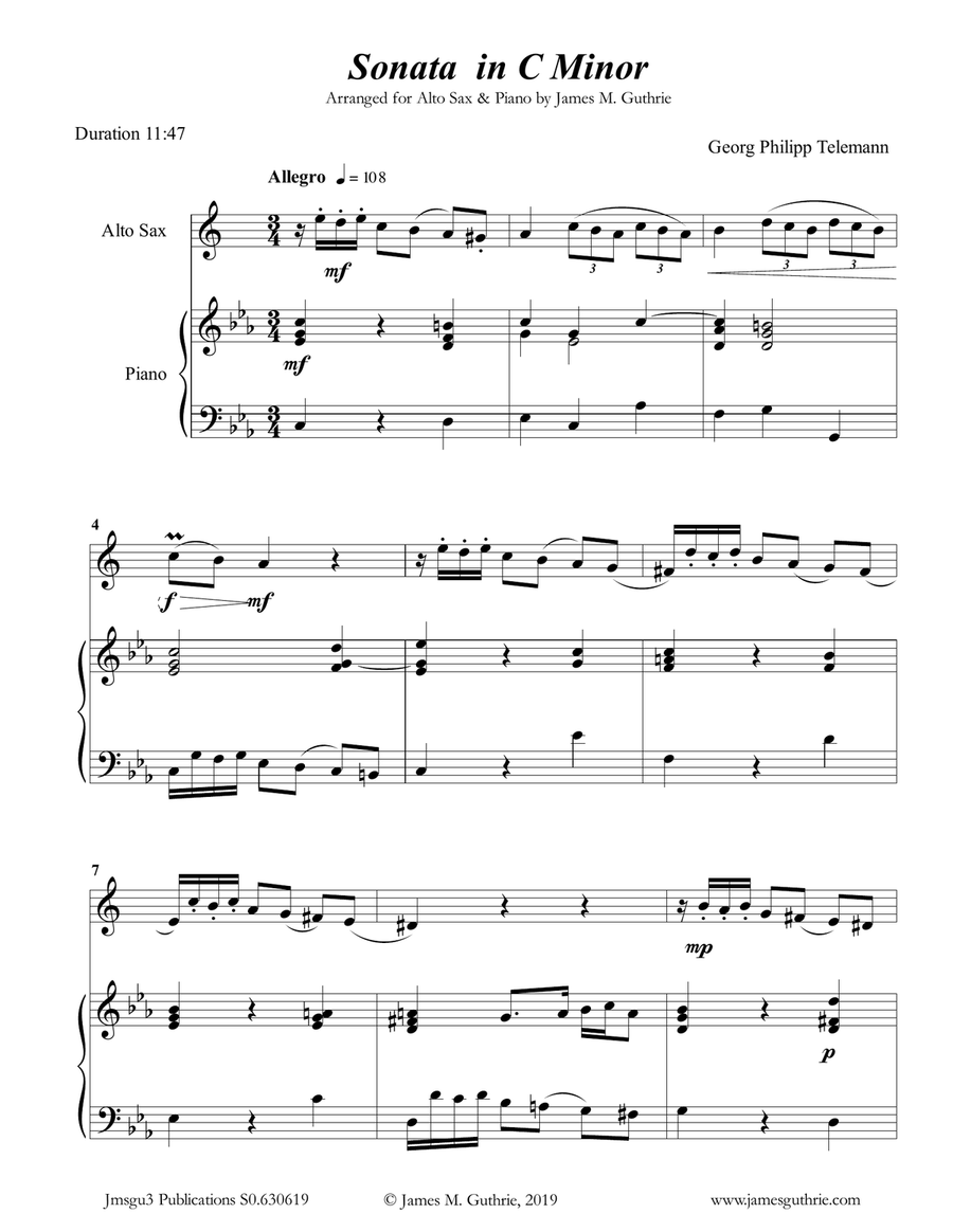 Telemann: Sonata in C Minor for Alto Sax & Piano Alto Saxophone scores gallery preview page 1