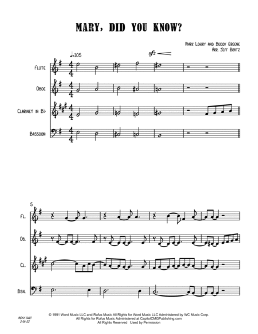 Mary, Did You Know? Woodwind Quartet scores gallery preview page 2