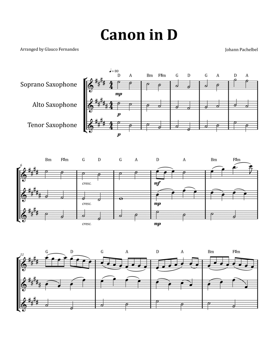 Canon by Pachelbel - Saxophone Trio with Chord Notation image number null
