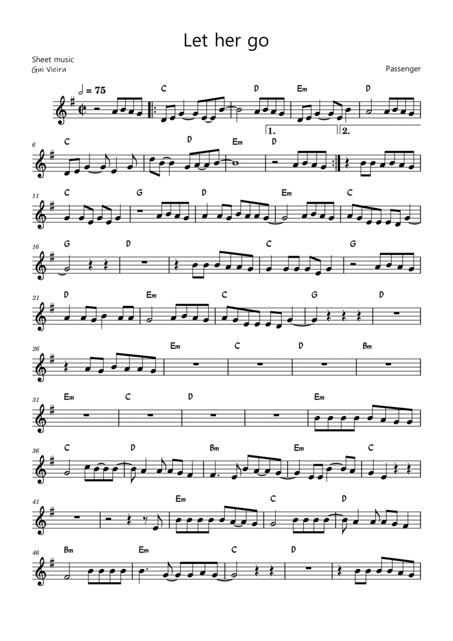 Let Her Go Easy Piano scores gallery preview page 1