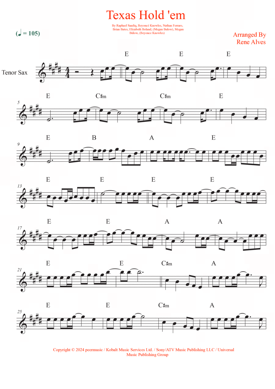 Texas Hold 'em Tenor Saxophone scores gallery preview page 1