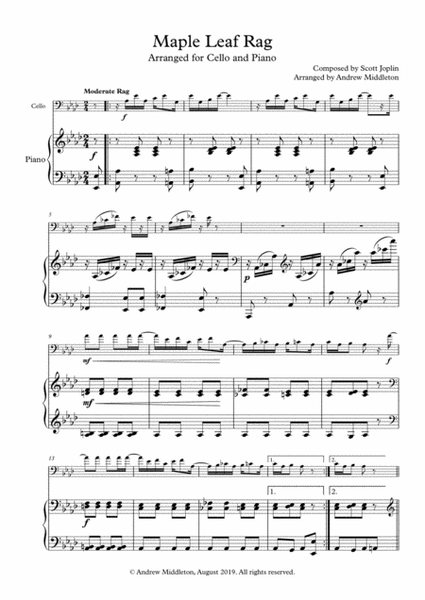 Maple Leaf Rag arranged for Cello and Piano image number null