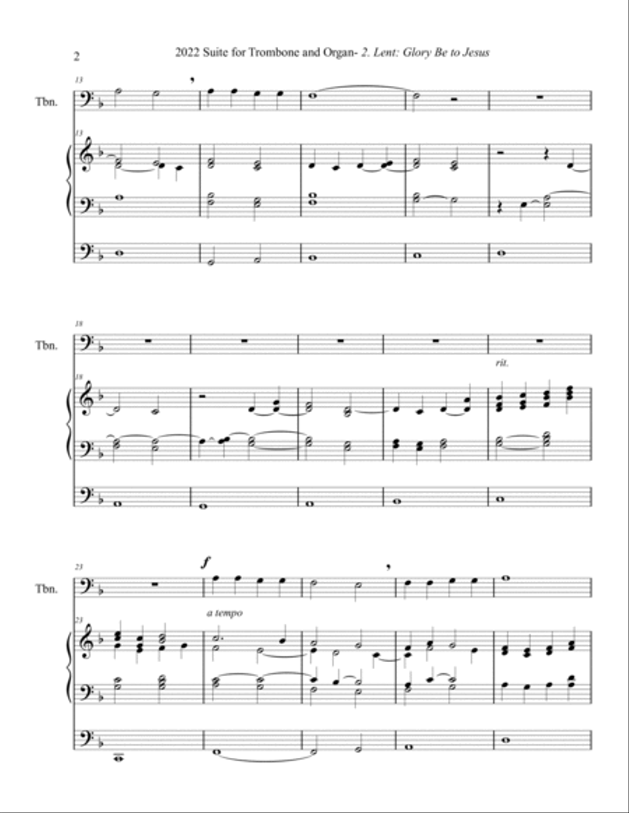 2022 Suite for Trombone and Organ, 2. Lent: Glory Be to Jesus, by Phil Lehenbauer Small Ensemble scores gallery preview page 3