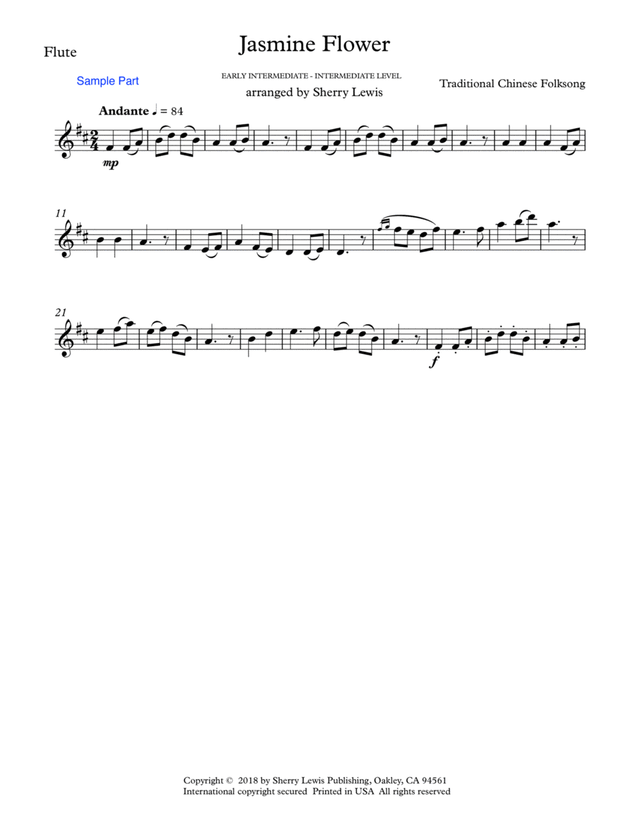 JASMINE FLOWER Traditional Chinese Folk Song Flute Solo Intermediate Level by Folk Song Flute Solo Digital Sheet Music Sheet Music Plus