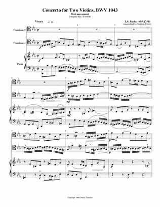 Concerto for Two Violins (1st Movement) for Two Tenor Trombones & Piano