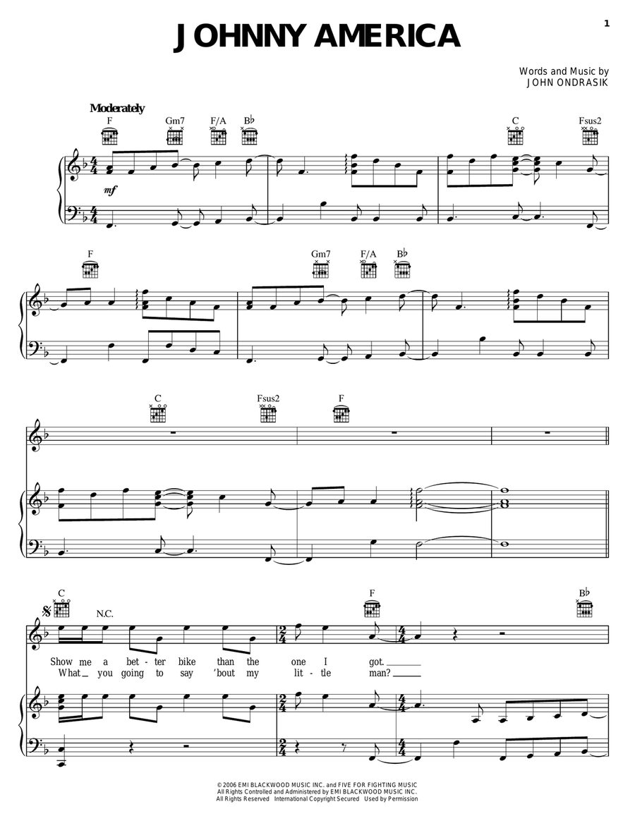 Johnny America Piano, Vocal, Guitar scores gallery preview page 1