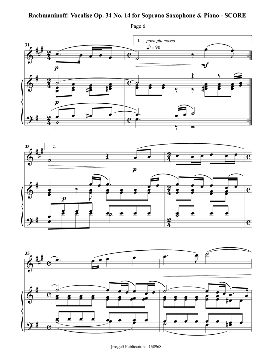 Rachmaninoff: Vocalise for Soprano Sax & Piano Soprano Saxophone scores gallery preview page 6