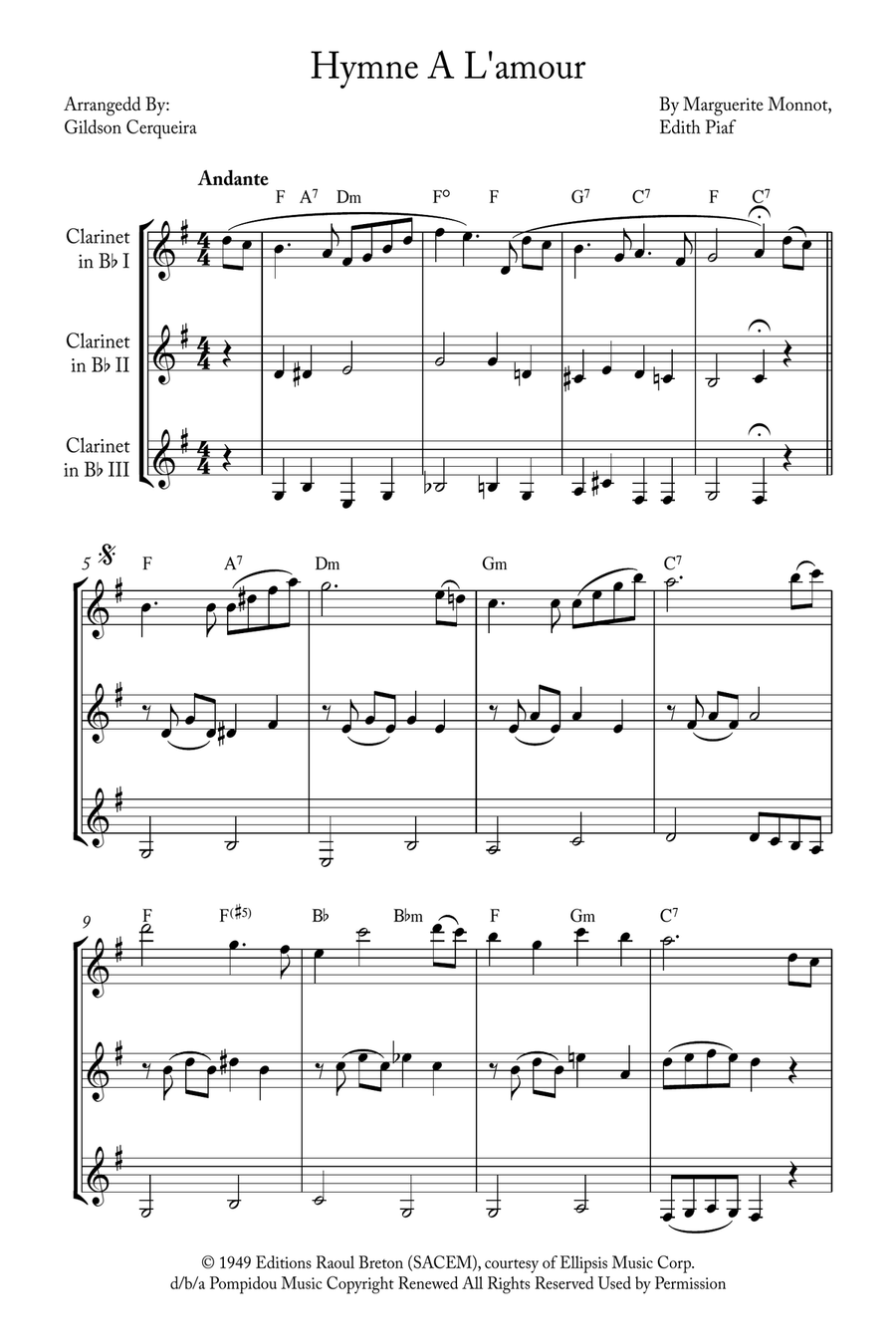 Hymne A L'amour Clarinet Trio scores gallery preview page 1
