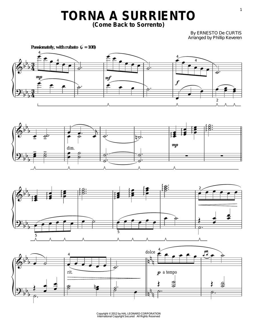 Come Back To Sorrento (arr. Phillip Keveren) Piano Solo scores gallery preview page 1