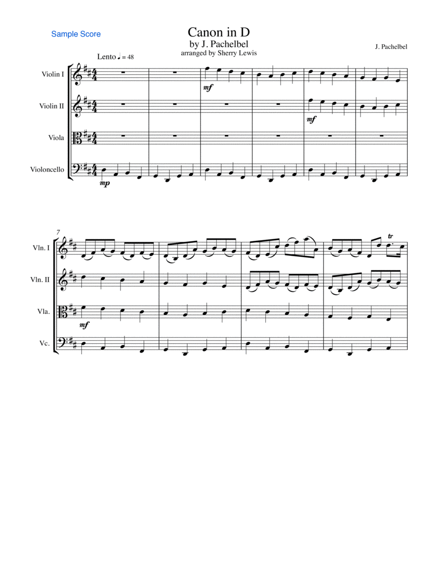 CANON IN D String Quartet, Intermediate Level for 2 violins, viola and cello String Quartet scores gallery preview page 1