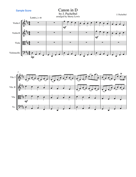 CANON IN D String Quartet, Intermediate Level for 2 violins, viola and cello image number null