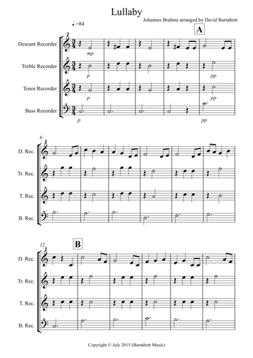Brahms Lullaby for Recorder Quartet image number null