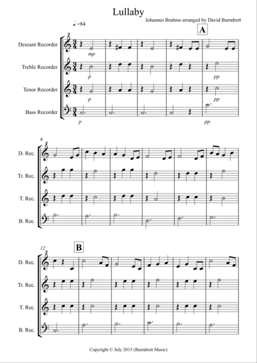 Brahms Lullaby for Recorder Quartet Recorder scores gallery preview page 1