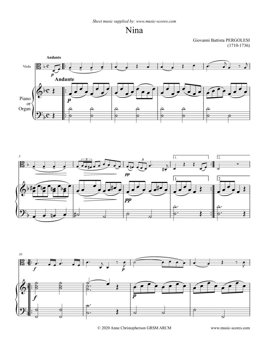 Nina - Viola and Piano/Organ (D minor) Piano scores gallery preview page 1