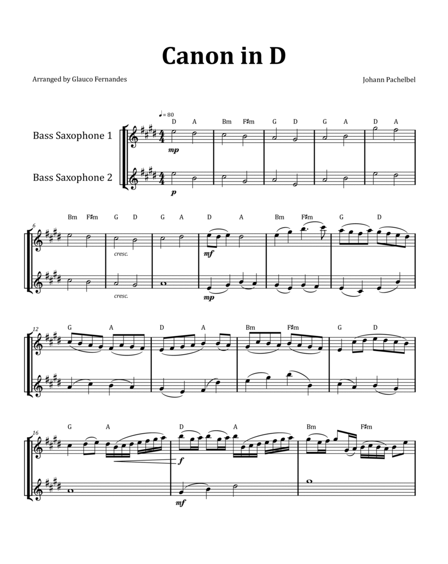 Canon by Pachelbel - Bass Saxophone Duet with Chord Notation image number null
