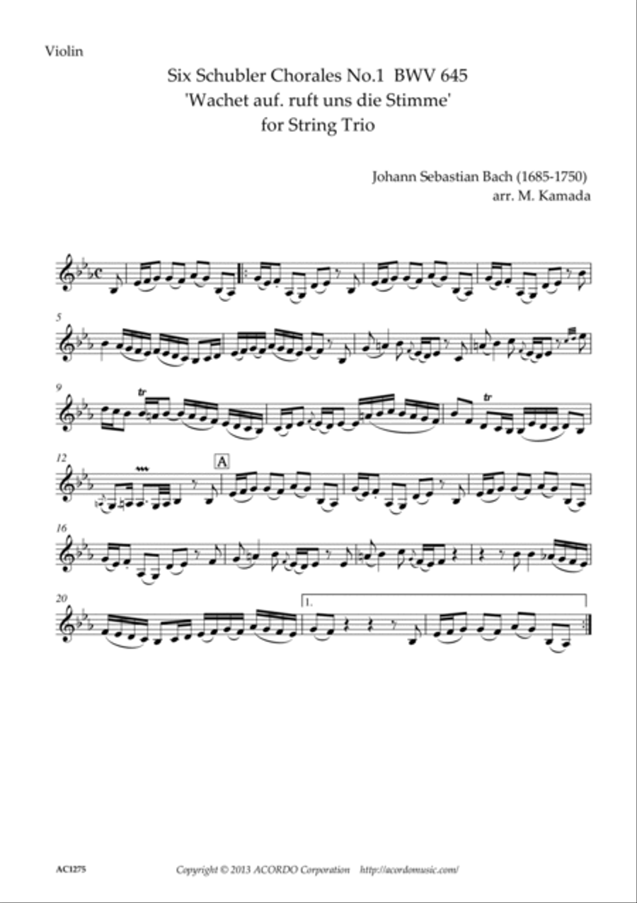 Six Schubler Chorales No.1 BWV645 'Wachet auf. ruft uns die Stimme' for String Trio String Trio scores gallery preview page 4