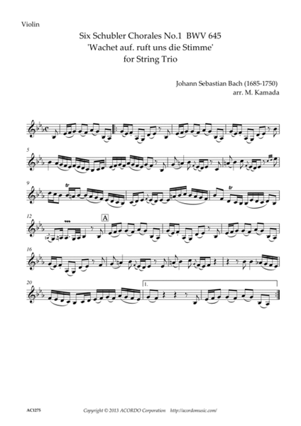 Six Schubler Chorales No.1 BWV645 'Wachet auf. ruft uns die Stimme' for String Trio image number null