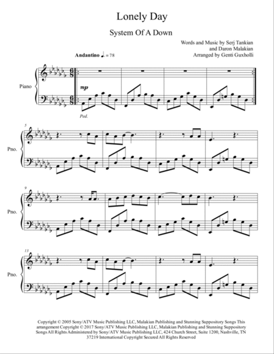 Lonely Day Piano Solo scores gallery preview page 2