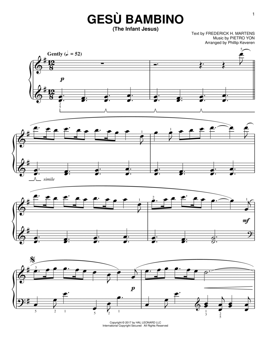 Gesu Bambino (The Infant Jesus) [Classical version] (arr. Phillip Keveren) Easy Piano scores gallery preview page 1