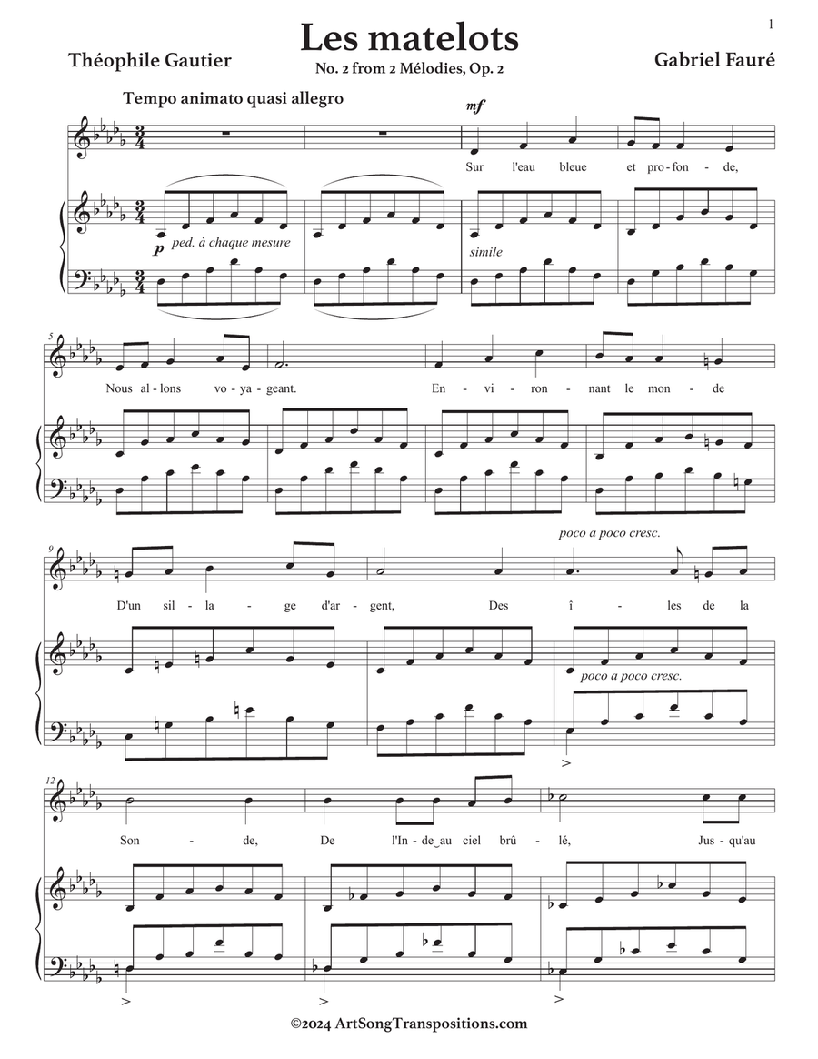 FAURÉ: Les matelots, Op. 2 no. 2 (transposed to D-flat major) Piano, Vocal scores gallery preview page 2