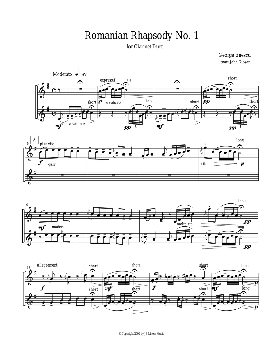 Eastern European Rhapsody - duets for clarinets Clarinet Duet scores gallery preview page 1