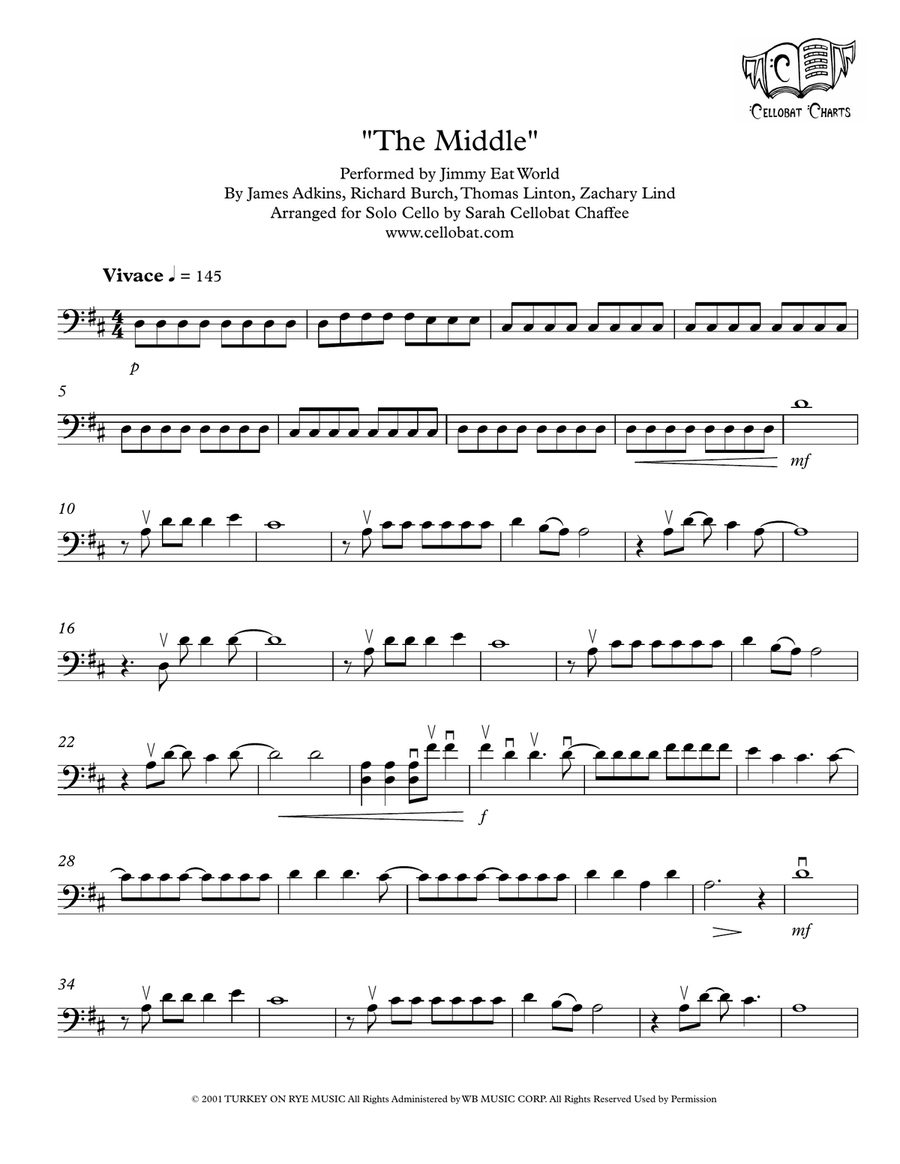 The Middle by Jimmy Eat World Cello Solo - Digital Sheet Music