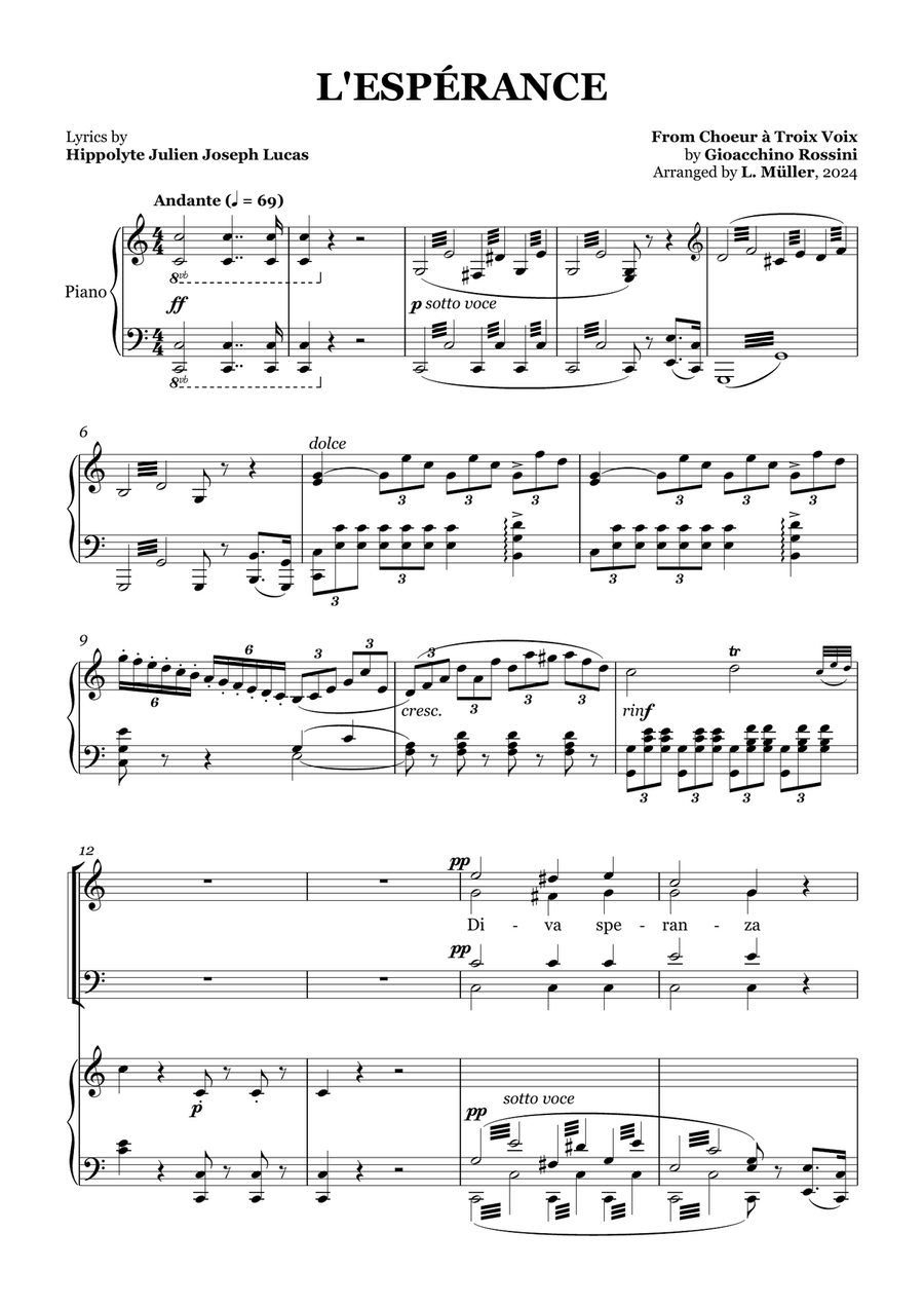 L'Espérance - Gioacchino Rossini For Choir (SATB) 4-Part scores gallery preview page 1