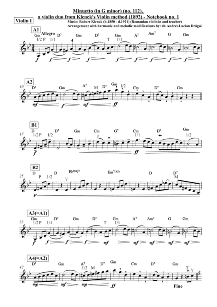 Robert Klenck - Minuetto (in G minor) (no. 112), a violin duo from Klenck's Violin method (1892) - N image number null