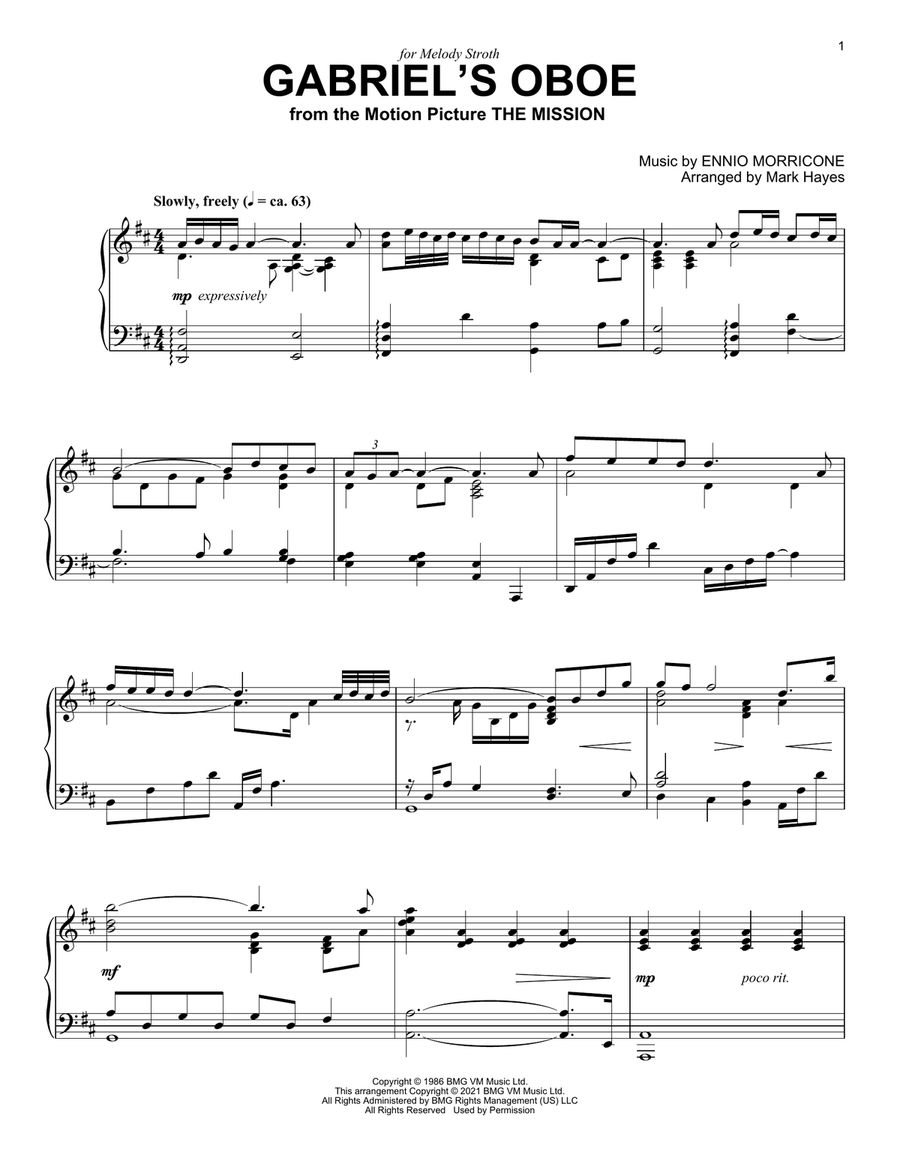 Gabriel's Oboe (from The Mission) (arr. Mark Hayes) Piano Solo scores gallery preview page 1