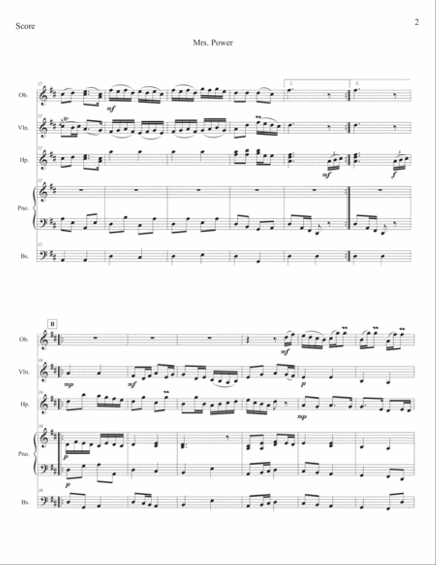Mrs. Power (O'Carolan's Concerto) for Oboe, Violin, Harp, Piano & Bass Small Ensemble scores gallery preview page 2