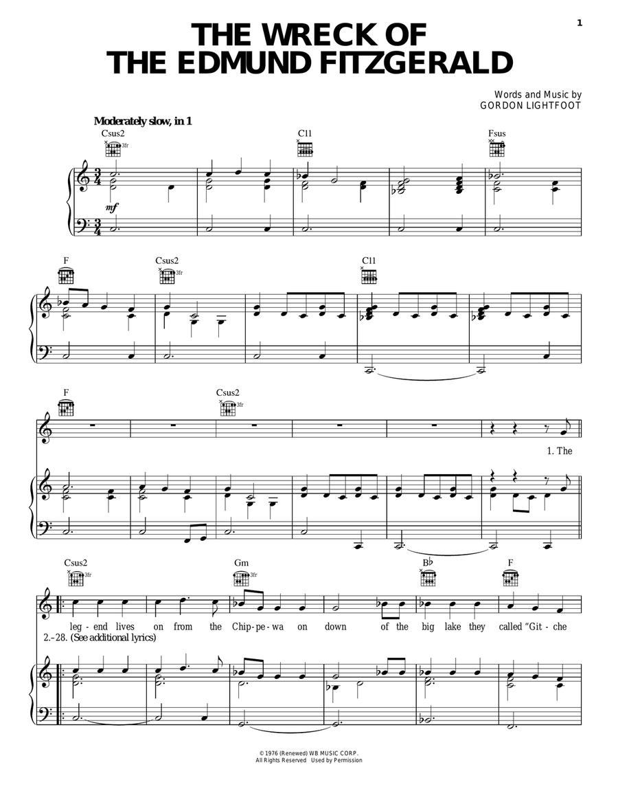 The Wreck Of The Edmund Fitzgerald Piano, Vocal, Guitar scores gallery preview page 1