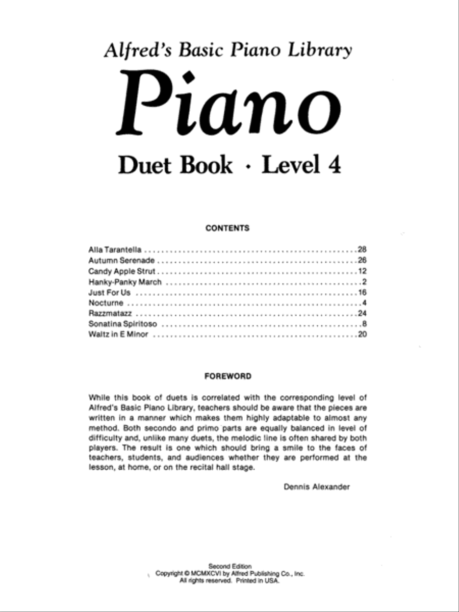 Alfred's Basic Piano Course Duet Book, Level 4