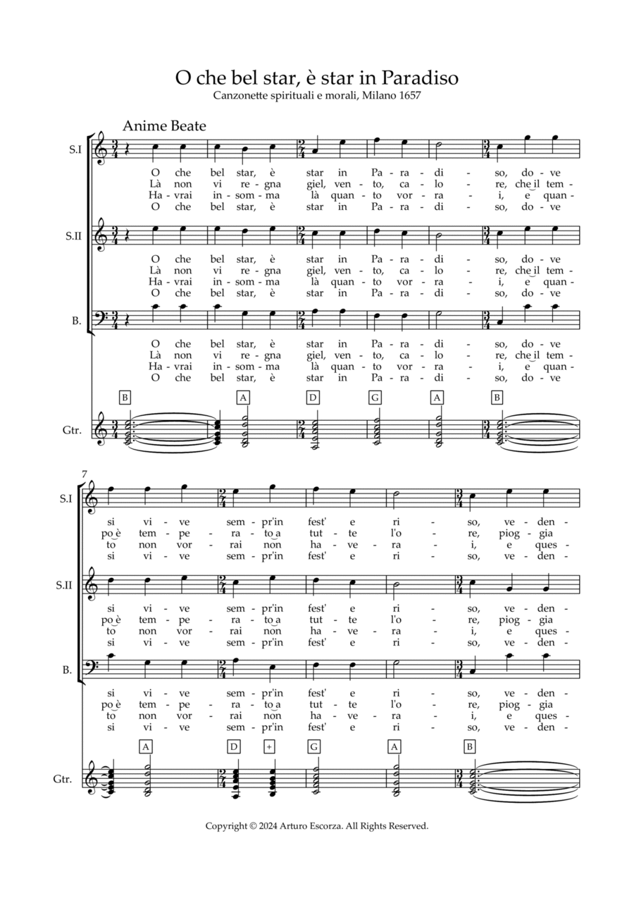 Ciaccona di Paradiso e d'Inferno (O che bel star è star in paradiso) - SSTTB & Realized Guitar Tab Choir scores gallery preview page 1